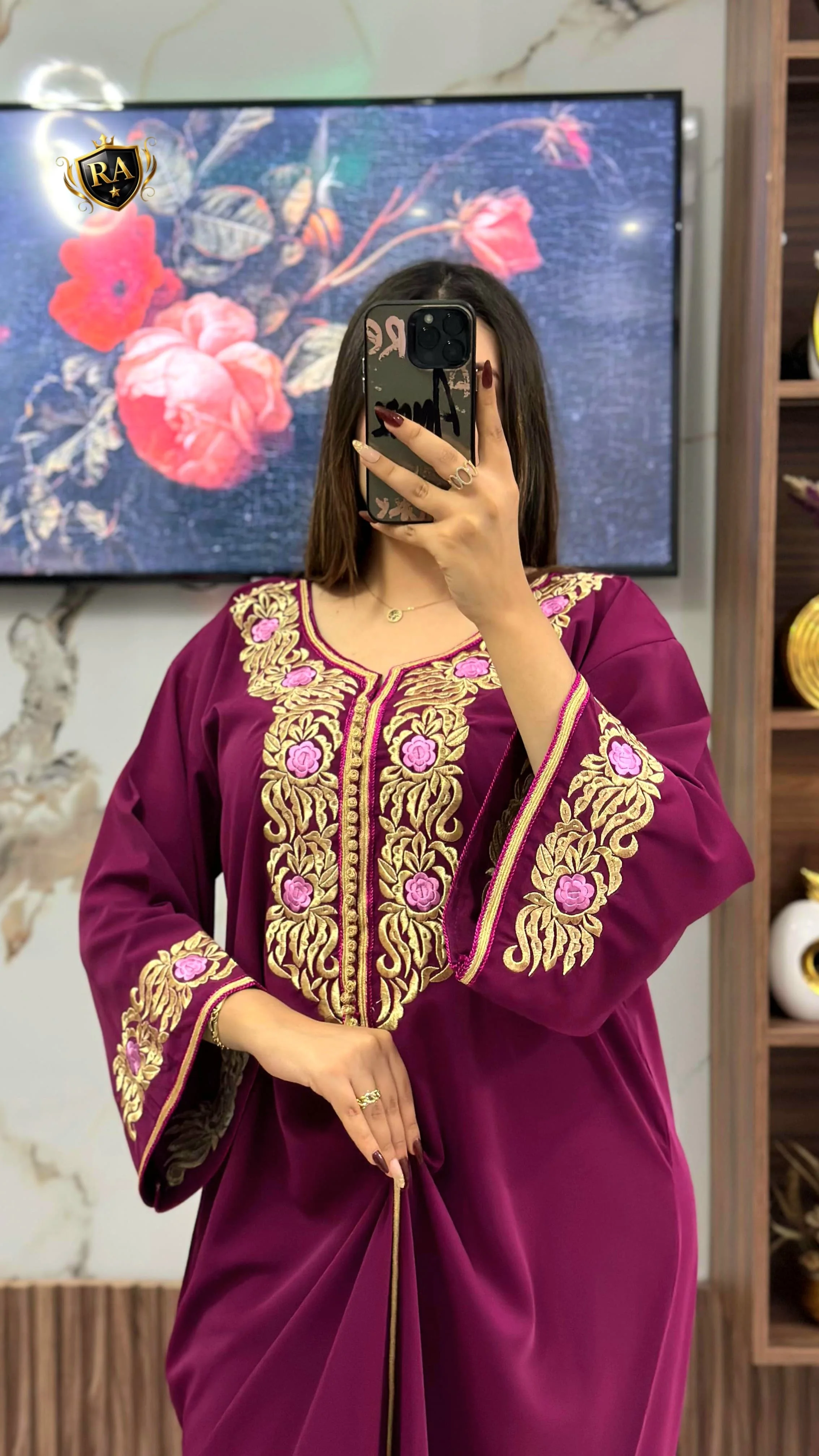 قفطان أنيق ثوب كريب سامبل 👑 🟤مخدوم بالطرز الرباطي
