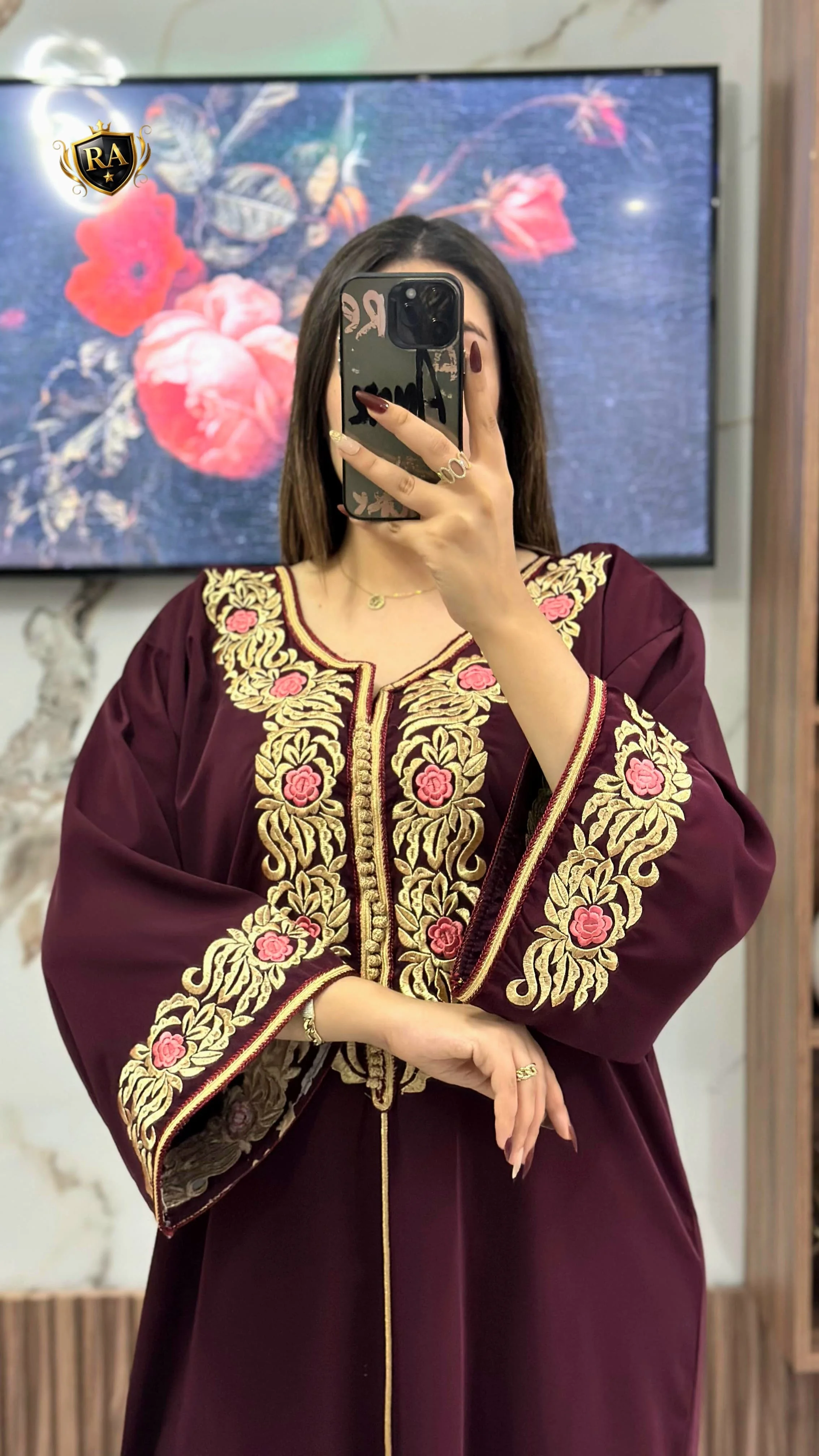 قفطان أنيق ثوب كريب سامبل 👑 🟤مخدوم بالطرز الرباطي