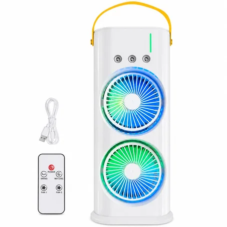 Ventilateur Portable Double Turbo 3 Vitesse avec Oscillation Automatique, Brumisateur, LED RGB & Télécommande – Rechargeable Type-C