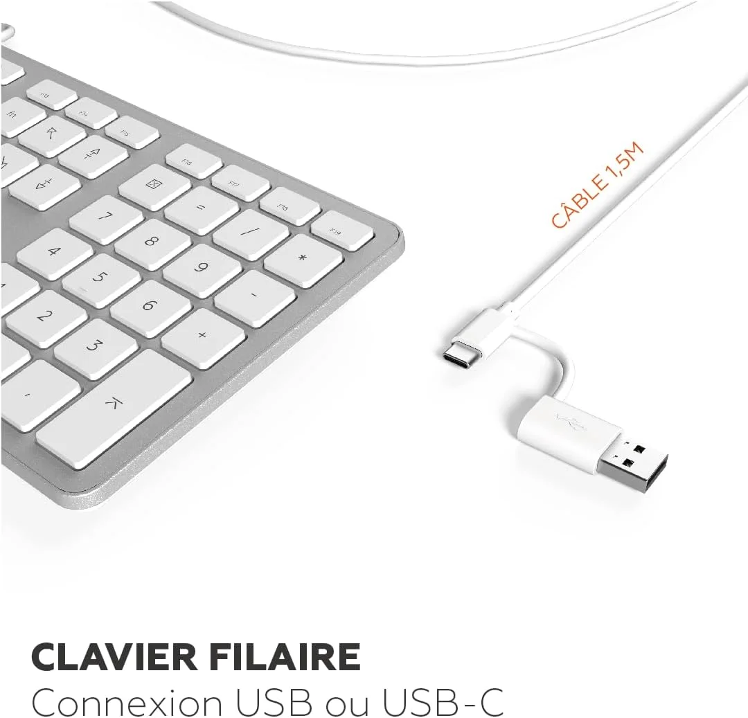 Mobility Lab USB Clavier français AZERTY filaire pour Mac – blanc et argenté