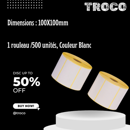Rouleau de 500 Etiquettes thermique autocollant 100x100 mm