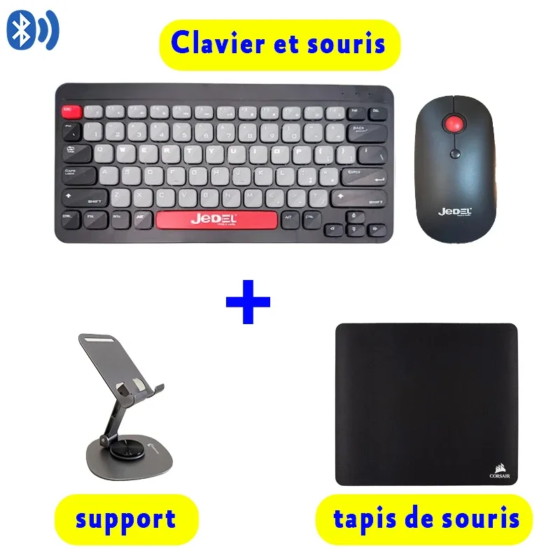Clavier et Souris Sans Fil + Support Téléphone 360°+ tapis de souris