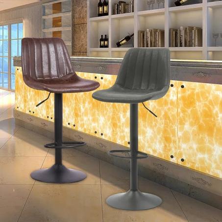 Brown Vertical Grain Leather Fixed Base High Swivel Bar Stool Bar