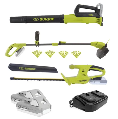 Restored Sun Joe 24V-GT4MAX-LTE Outdoor Tool Combo | 24V Cordless Leaf Blower, Grass & Hedge Trimmer Kit | With Batteries and Charger (Refurbished)