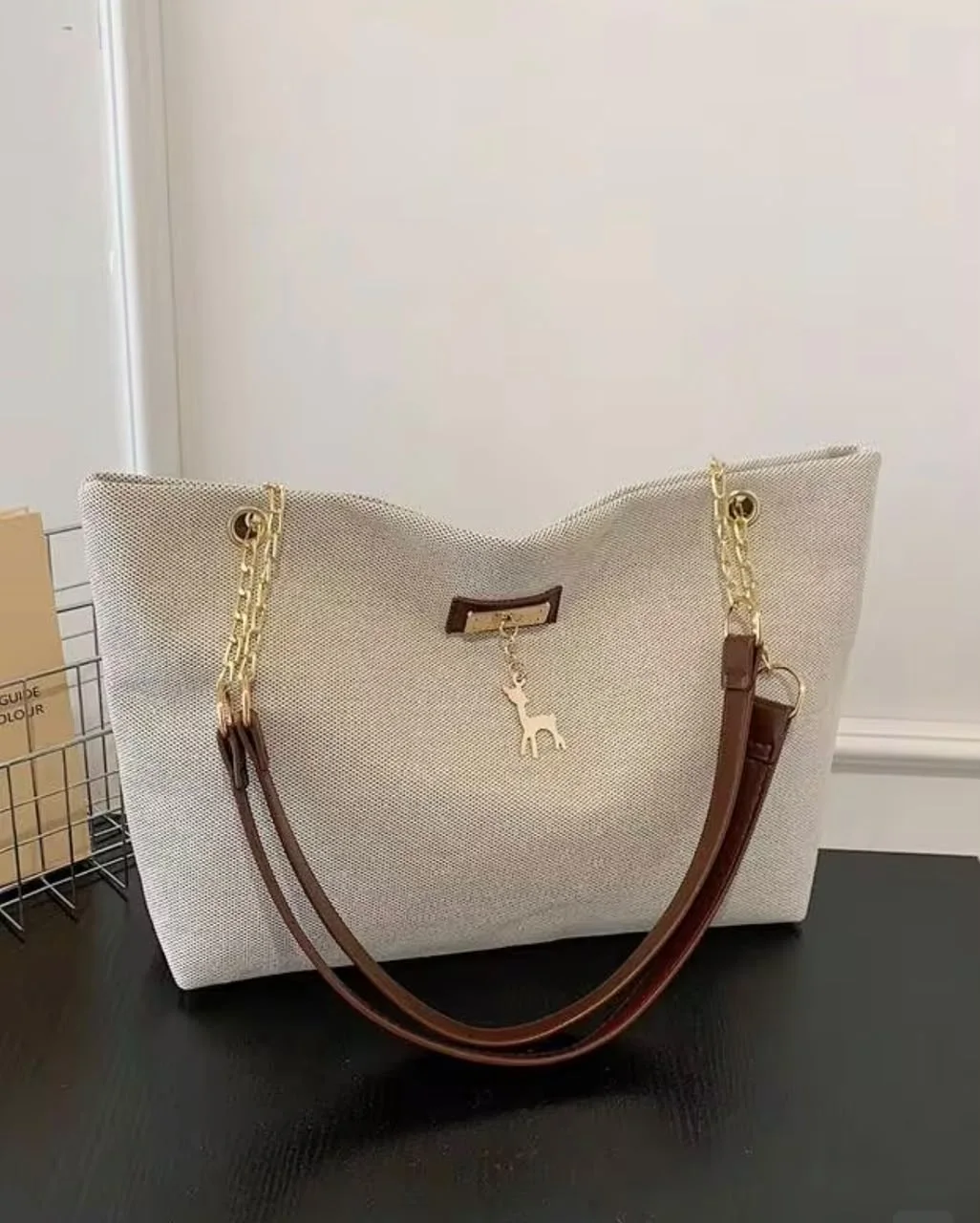 Sac Cabas Toile Beige Anse Chaine Doree