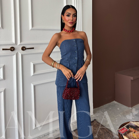 Ensemble bustier sans bretelles et pantalon Plazzo à rayures