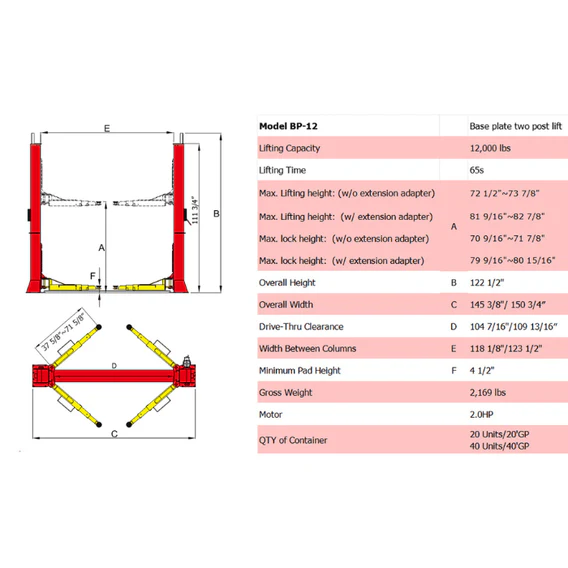 AMGO BP-12 12,000 Lb. Heavy-Duty Two-Post Lift | Base-Plate Design for Low Ceilings | Three-Stage Arm Versatility