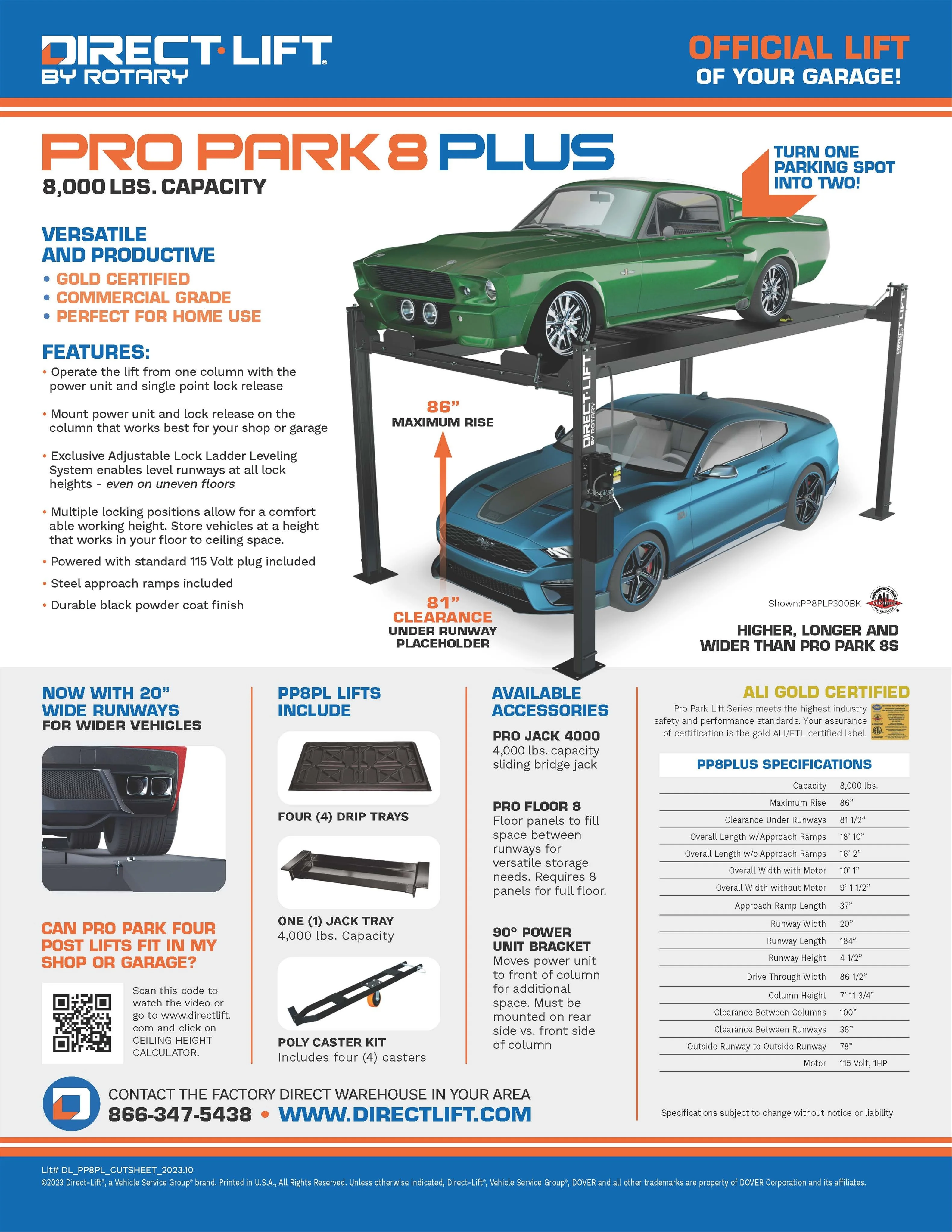 Direct Lift ProPark 8Plus 8,000 Lb. High-Rise Four-Post Lift | ALI Gold Certified | Precision Leveling System