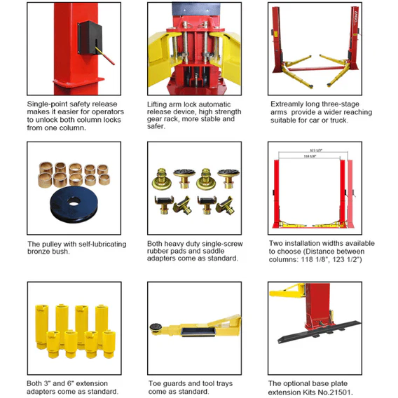 AMGO BP-12 12,000 Lb. Heavy-Duty Two-Post Lift | Base-Plate Design for Low Ceilings | Three-Stage Arm Versatility