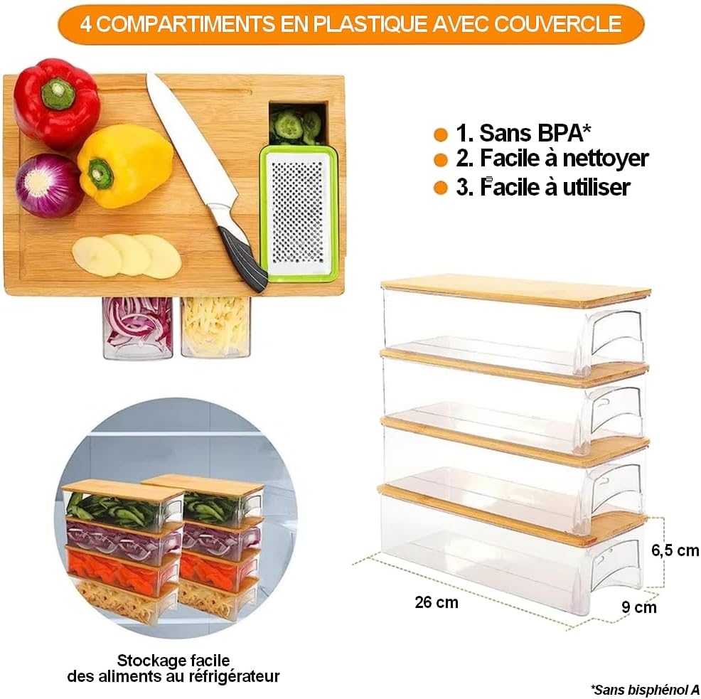 Planche à Découper en Bambou avec 4 Récipients