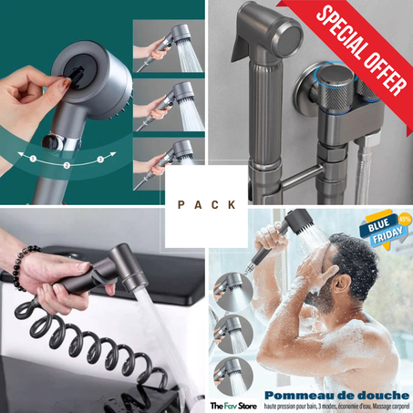 Pack Pulvérisateur 2 En 1 De Bidet Pour Toilettes Multifonctionnel À Double Commande + Pommeau de douche + cadeau d'une valeur de 100dh offert
