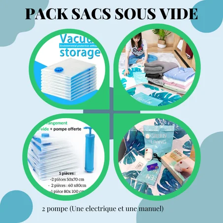 Deux Pack en un  :  Sacs de Rangement sous Vide - 7 Pièces avec Pompe Électrique et Pompe Manuelle Offertes