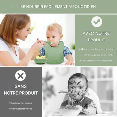 Coffret Repas Bébé Silicone 10 Pièces Rose avec Assiette Ventouse et Bavoir