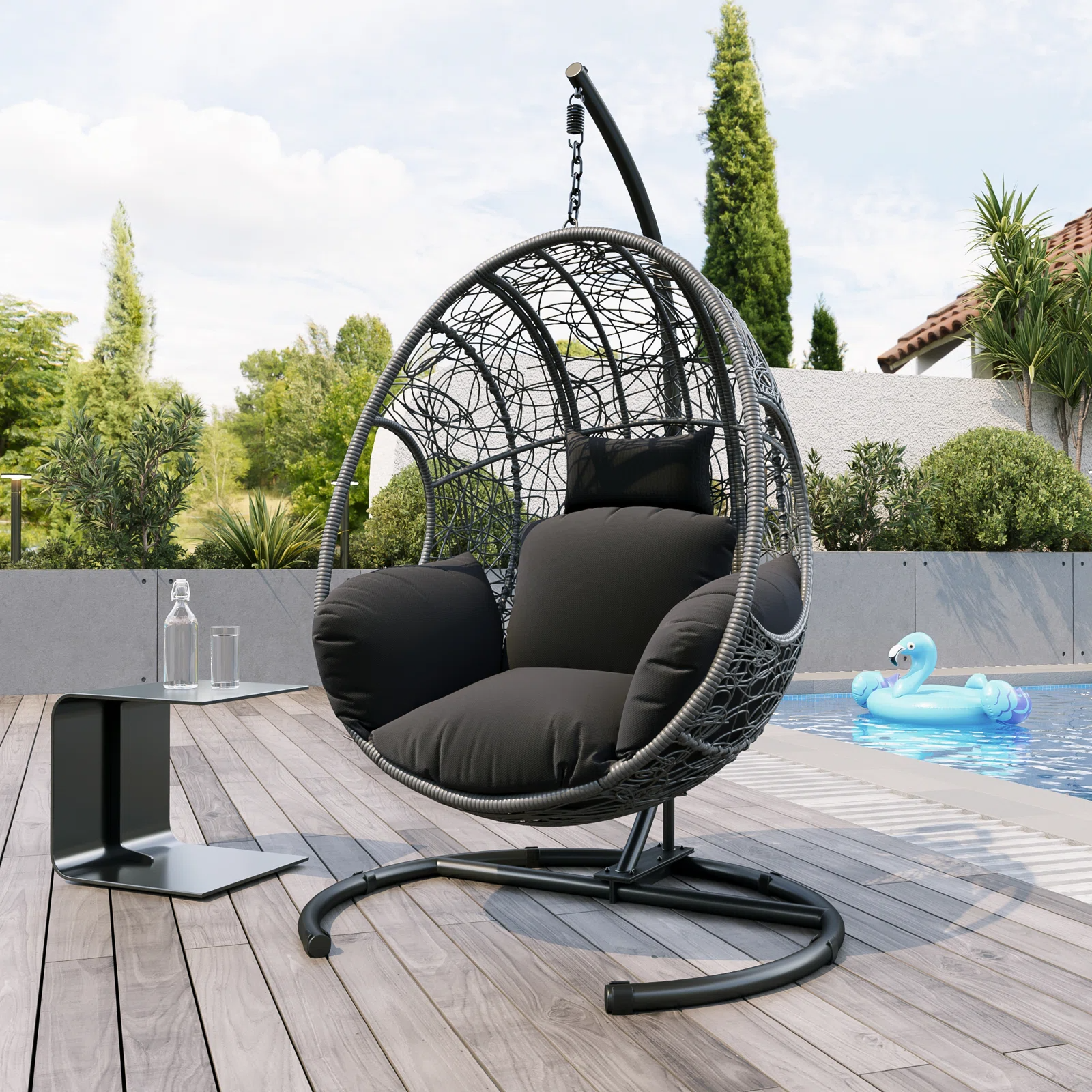 Outdoor Hanging Egg Chair PE Rattan Wicker Patio Swing Chair With Stand Cushion Rain Cover