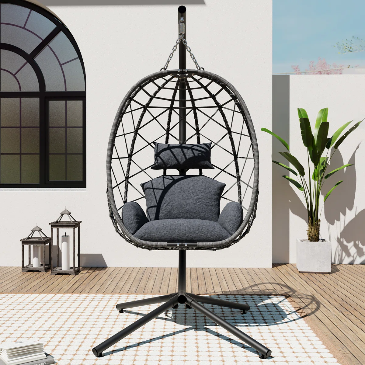 Bottorff Weather-Resistant Rattan Swing Chair with Stand - Outdoor Patio Hammock - FREE Shipping