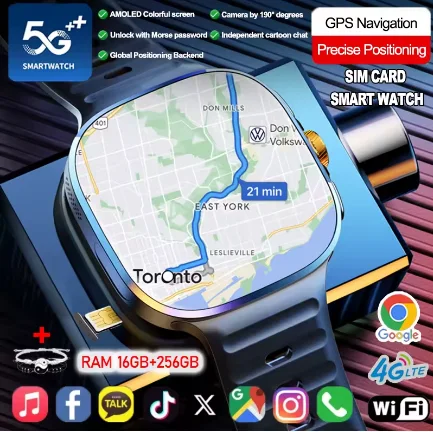 ساعة ذكية بشبكة 5G/4G كاملة، شاشة كبيرة عالية الدقة 2.4 بوصة، مكالمات فيديو، ذاكرة 16 جيجابايت + 256 جيجابايت، بطارية 2100 مللي أمبير، متجر جوجل بلاي، واي فاي، GPS، تدعم شريحة SIM.