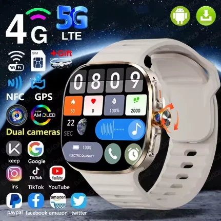 ساعة ذكية بشبكة 5G/4G كاملة، شاشة كبيرة عالية الدقة 2.4 بوصة، مكالمات فيديو، ذاكرة 16 جيجابايت + 256 جيجابايت، بطارية 2100 مللي أمبير، متجر جوجل بلاي، واي فاي، GPS، تدعم شريحة SIM.