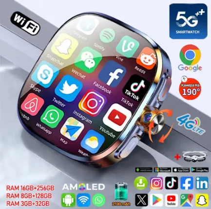 ساعة ذكية بشبكة 5G/4G كاملة، شاشة كبيرة عالية الدقة 2.4 بوصة، مكالمات فيديو، ذاكرة 16 جيجابايت + 256 جيجابايت، بطارية 2100 مللي أمبير، متجر جوجل بلاي، واي فاي، GPS، تدعم شريحة SIM.