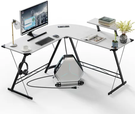 مكتب ألعاب على شكل حرف L مع منافذ طاقة من زيريفام طاولة زاوية للكمبيوتر مقاس 1.30 متر حامل شاشة ودعامة مضيف خطافات لسماعة الرأس