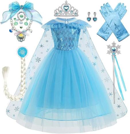 زي ملكة الثلج من الميكاكوز، زي تنكري للفتيات والحفلات التنكرية، فستان ملكة الثلج لعيد الميلاد، زي تنكري للاطفال باللون الازرق مع مجموعة اكسسوارات