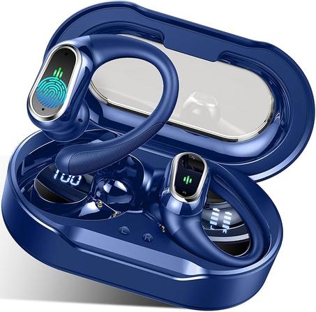 سماعات اذن لاسلكية 2024 بلوتوث 5.4 رياضية، سماعات اذن بلوتوث مع ميكروفون الغاء الضوضاء اي ان سي، سماعات لاسلكية ستيريو لاسلكية 50 ساعة مقاومة للماء IP7 مع خطافات للاذن، شاشة LED مزدوجة للتمري