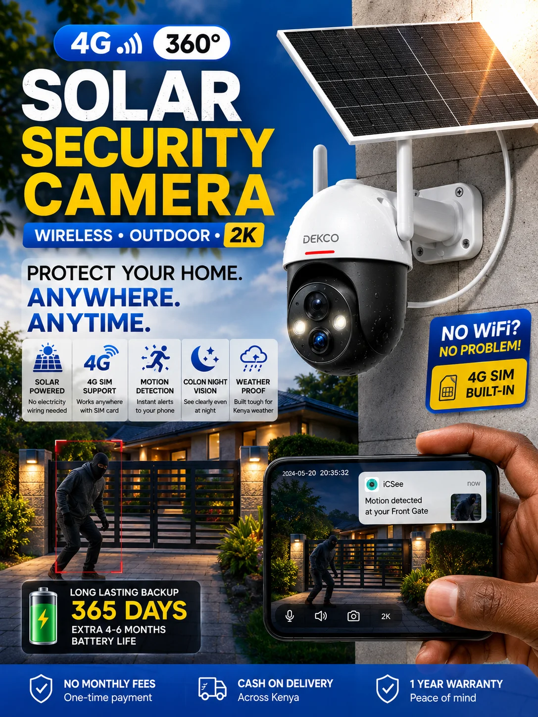 2K Solar Security Camera Wireless Outdoor, 360°