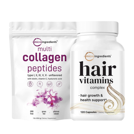 Multi Collagen Protein Powder 16oz & Hair Vitamins Complex Capsules Bundle 2 Pack