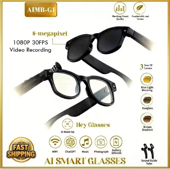 AIMB-G1 Smart Glasses with 8MP Camera 1080p Video Recording Bluetooth Calling