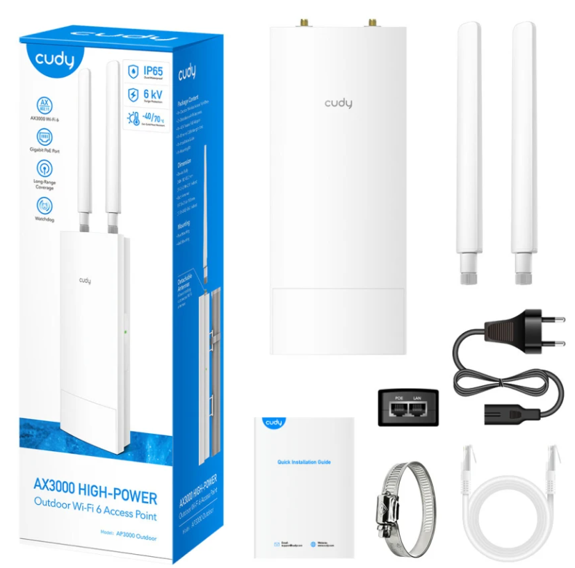 CUDY WiFi 6 Acces Point Tukiasema AP3000 Outdoor, Dual-Band, Gigabit, PoE, IP65, Mesh, AX3000