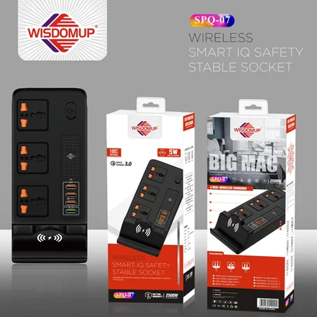 Multiprise et Parafoudre Universel WISDOMUP « BIG MAC » SPQ-07 avec 4 Ports USB et Charge sans Fil – 2500W