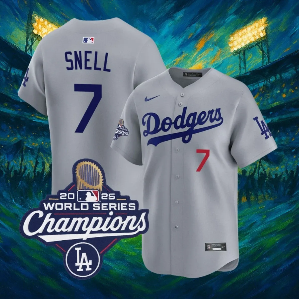 Blake Snell #7 Dodgers World Series Champions 2025 Gray Jersey "All Sizes"