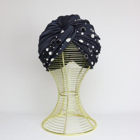 Turban Soirée Perlé Noir en Tule