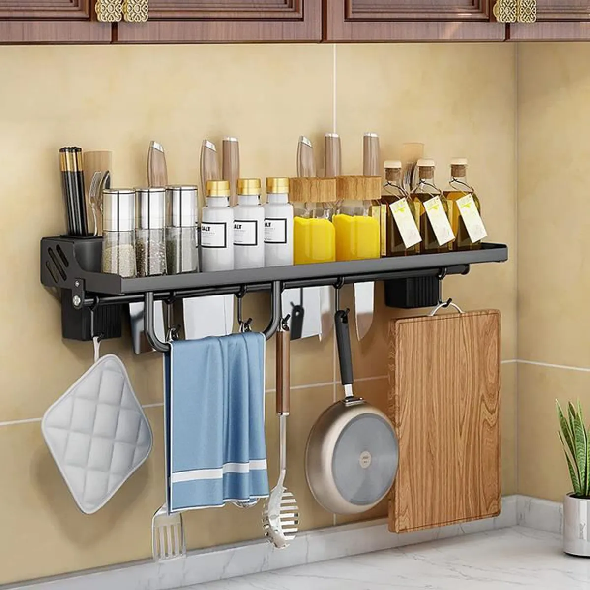 Étagère à épices Murale En Acier Inoxydable Noir – Longueur 30 Cm, Fixation Adhésive | Rangement Cuisine, Salle De Bain, Bureau
