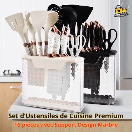 Set d’Ustensiles de Cuisine Premium – 16 pièces avec Support & Design Marbré