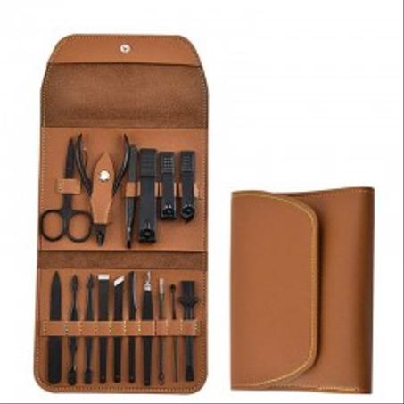 KIT MANUCURE PEDICURE - SET DE 16 OUTILS + ETUI EN CUIR VÉRITABLE FAUVE