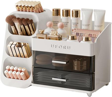Organizador de maquillaje para tocador con soporte para cepillos, organizador de encimera con 2 cajones, espaciosa vitrina de cosméticos para belleza esencial, cuidado de la piel, lápiz labia