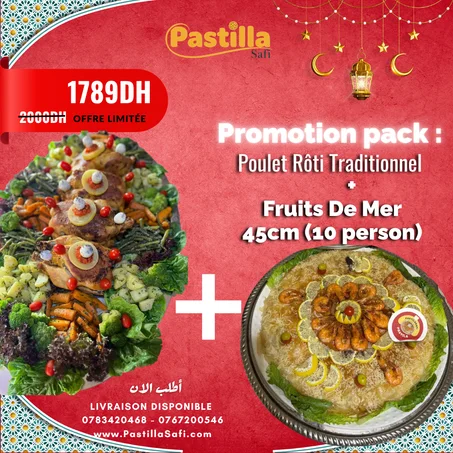 Poulet Rôti Traditionnel + Pastilla Fruits de Mer 45cm (10 Personnes) | Pack Famille Marocain