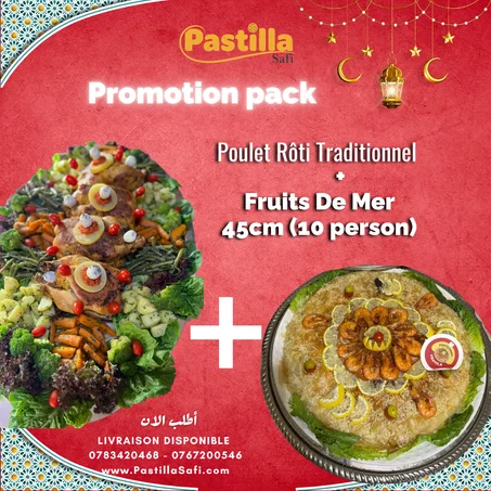 Poulet Rôti Traditionnel + Pastilla Fruits de Mer 45cm (10 Personnes) | Pack Famille Marocain