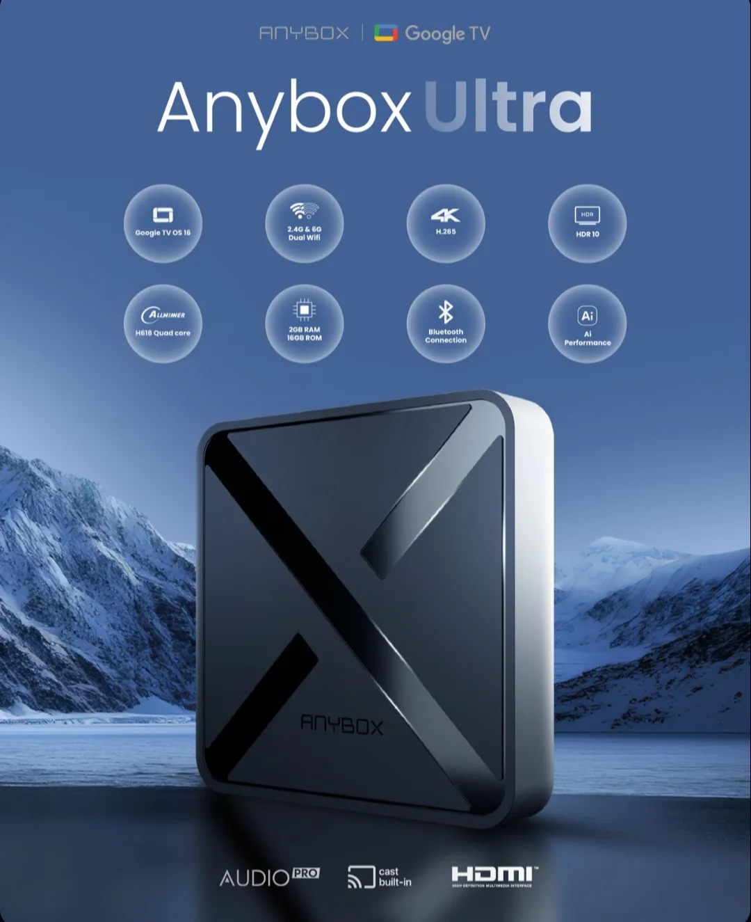ANYBOX ULTRA Google TV 4K – WiFi 6G, HDR10, Abonnements illimités