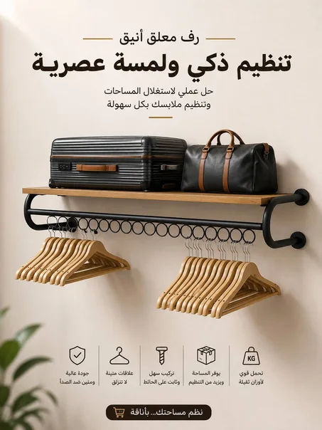 علاقة ملابس جدارية مع رف خشبي