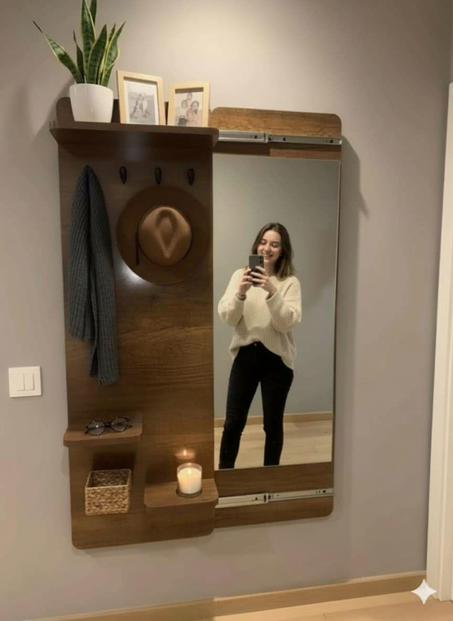 تصميم خشبي عصري فيه مراية ورفوف وعلاّقات ، يخلي أي زاوية من بيتك تحكي على ذوقك الرفيع.