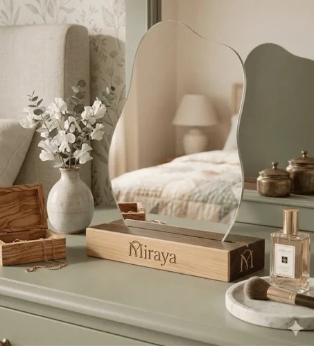 Miroir Organique sur Socle en Bois