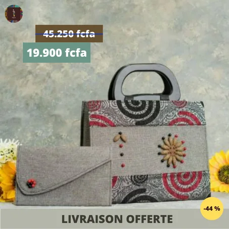 Sac à main gris-rouge-noir manche en bois/perle