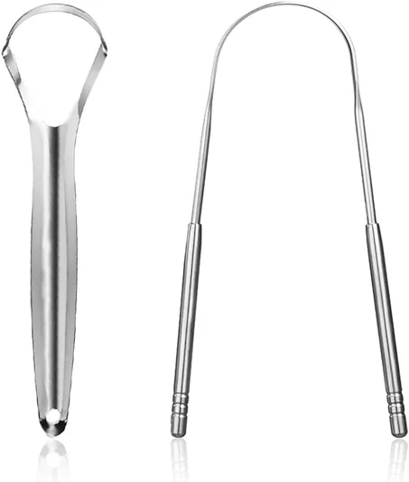 Gratte-langue, 2 PCS Grattoir de Langue en Acier Inoxydable Enlève la Mauvaise Haleine Outils de nettoyage buccal(Argent)