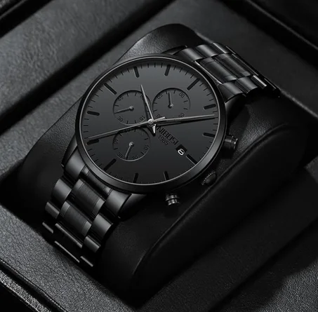 ساعة يد رجالي تناظرية بعقارب ومينا أسود وبتصميم بسيط، كرونوغراف عسكرية كاجوال بسوار من الفولاذ المقاوم للصدأ وميزة عرض التاريخ للعمل نيبوسي