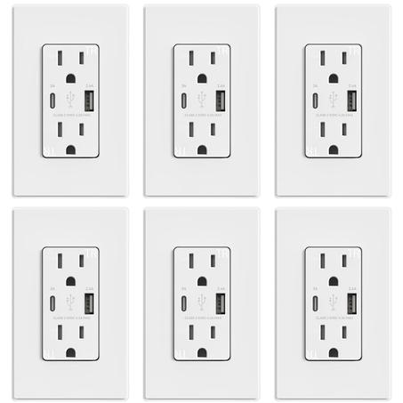 ELEGRP Tomacorrientes USB, toma de pared de 15 amperios con puertos USB, receptáculos de salida USB de 21 W con puertos tipo A y tipo C, receptáculo
