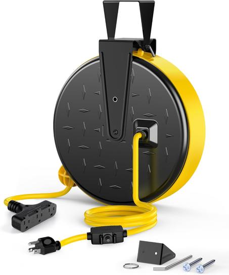 DEWENWILS Carrete de cable de extensión retráctil de 30 pies, para montaje en techo/pared, cable de alimentación SJTW calibre