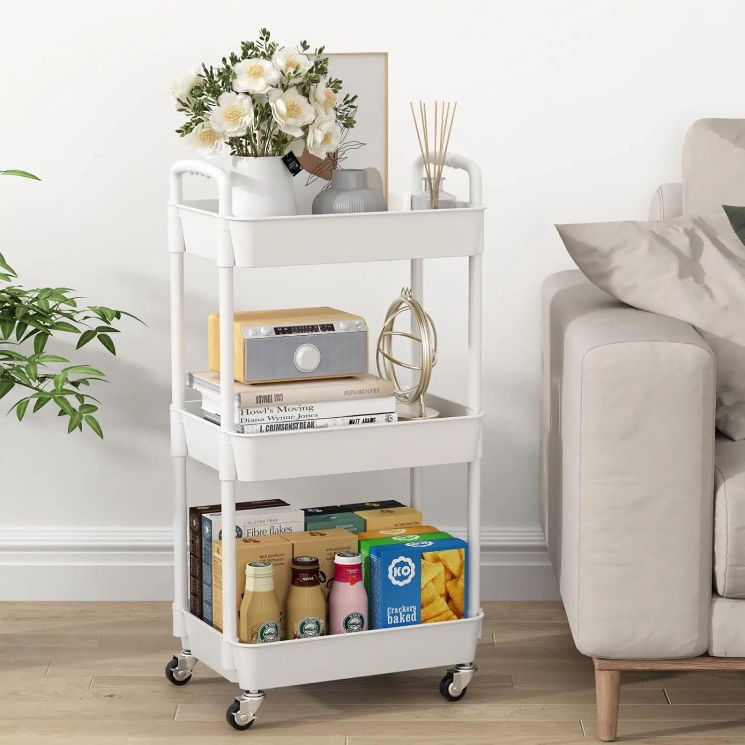 عربة تخزين متعددة الاستخدامات من البلاستيك بثلاثة مستويات مع عجلات قابلة للقفل ورفوف تخزين متعددة الوظائف