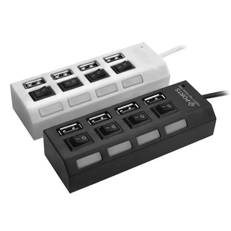 موزع USB 2.0 بـ 4 منافذ مع أزرار تشغيل LED – USB Hub عالي السرعة للكمبيوتر واللابتوب