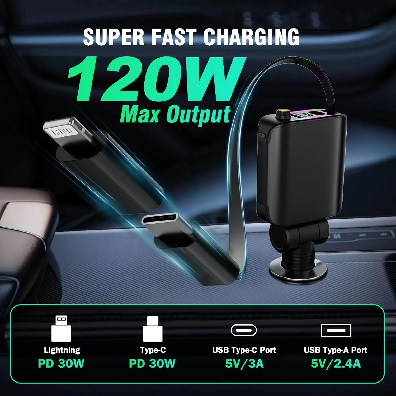 شاحن سيارة سريع 120 واط 4 في 1 مع كابلات قابلة للسحب وإضاءة LED – USB وUSB-C متوافق مع iPhone وAndroid